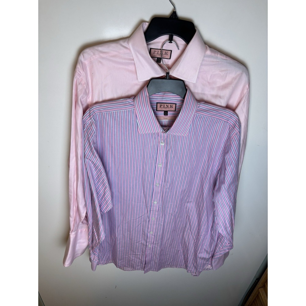 THOMAS PINK Classic Lot Of 2 Pink And Pink Blue Striped Dress Shirt Size 18-37